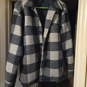 Banana Republic Gray and Navy Plaid Teddy Jacket
